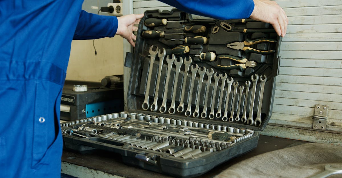 Mechanic organizing a comprehensive tool set for vehicle maintenance in a workshop setting.